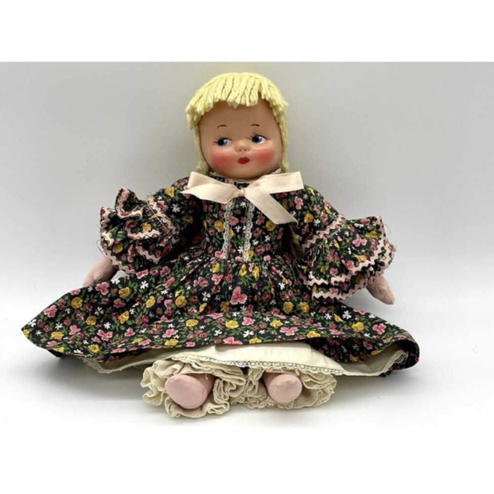 Vintage Celluloid Mask Face Cloth Rag Doll Blonde Yarn Hair 12" Handmade